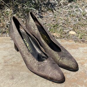Salvatore Ferragamo metallic tone pumps size 8B almond toe block heel evening